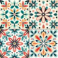 Set of four vector seamless patterns in retro style. Colorful floral and flower backgrounds.