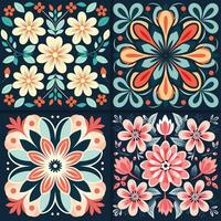 Set of four vector seamless patterns in retro style. Colorful floral and flower backgrounds.