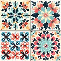 Set of four vector seamless patterns in retro style. Colorful floral and flower backgrounds.