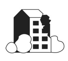 Broken building monochrome flat vector object. Damages after catastrophe. Editable black and white thin line icon. Simple cartoon clip art spot illustration for web graphic design