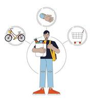 Everyman person archetype flat line concept vector hero illustration. Man with backpack and grocery bag 2D cartoon outline character on white for web UI design. Editable isolated color hero image