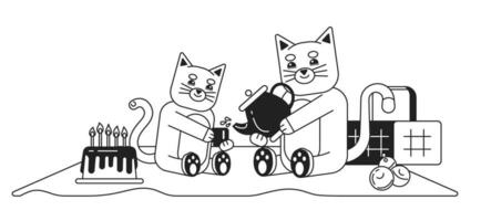 Cats on picnic monochrome concept vector spot illustration. Drinking tea. Celebrating birthday. Pets on blanket 2D flat bw cartoon characters for web UI design. Isolated editable hand drawn hero image