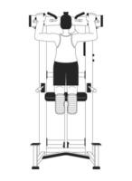 Man pulling up on pullup machine flat line black white vector character. Editable outline full body person. Bodyweight exercise sportsman simple cartoon isolated spot illustration for web design