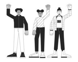 Multinational people peaceful demonstration flat line black white vector characters. Editable outline full body person. Protest simple cartoon isolated spot illustration for web graphic design