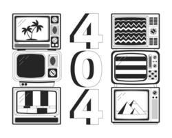 Broken tv no signals black white error 404 flash message. Old tv with movies on screen. Monochrome empty state ui design. Page not found popup cartoon image. Vector flat outline illustration concept