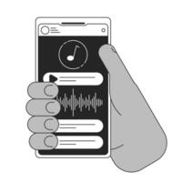 Holding smartphone bw concept vector spot illustration. Listening to music. Playlist on screen 2D cartoon flat line monochromatic hand for web UI design. Editable isolated outline hero image