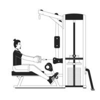 Man holding handle with outstretched arms on gym machine flat line black white vector character. Editable outline full body person. Strength simple cartoon isolated spot illustration for web design