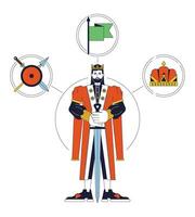 Ruler person archetype flat line concept vector hero illustration. Empowered king with sword 2D cartoon outline character on white for web UI design. Psychology editable isolated color hero image