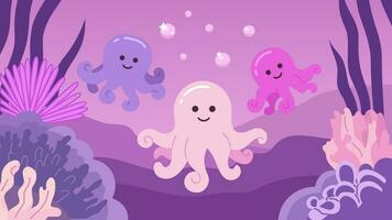 Octopuses underwater bubbles cute chill lo fi wallpaper. Marine life deep sea. Chibi creatures 2D vector cartoon characters illustration, lofi anime background. 90s kawaii aesthetic, dreamy vibes