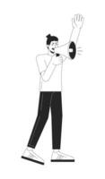 Man screaming in megaphone flat line black white vector character. Aggressive speech. Editable outline full body person. Protest simple cartoon isolated spot illustration for web graphic design