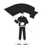 Angry protester waving flag flat line black white vector character. Public demonstration. Editable outline full body person. Protest simple cartoon isolated spot illustration for web graphic design