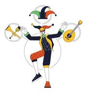 Jester person archetype flat line concept vector hero illustration. Joker entertains with musical instrument 2D cartoon outline character on white for web UI design. Editable isolated color hero image