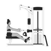 Woman in starting position on seated row machine flat line black white vector character. Editable outline full body person. Upper arm muscles simple cartoon isolated spot illustration for web design