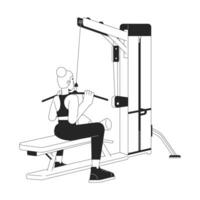 Woman pulling bar down on lat pulldown machine flat line black white vector character. Editable outline full body person. Build stronger back simple cartoon isolated spot illustration for web design