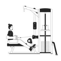 Man stretching cable on seated row machine flat line black white vector character. Editable outline full body person. Improving posture simple cartoon isolated spot illustration for web design