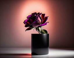 Minimalist modern image of a single rose in a sleek vase with dramatic lighting. photo