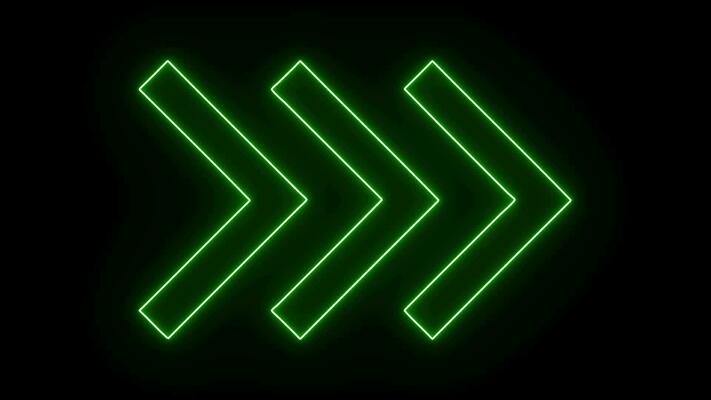 Three Direction Pointing Arrow. Green Neon Symbol Flickering Effect on Black Background