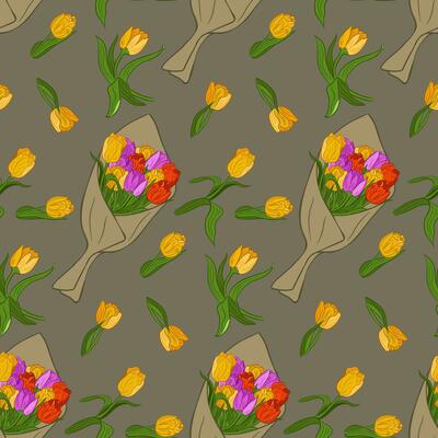 Vector flat bunch in craft paper. Floral seamles pattern of colored tulips and bouquets. Perfect for wrapping paper, background, wallpaper, textile, banner