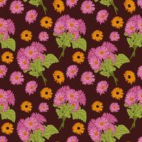 Vector flat style bunches of gerberas pattern. Bouquets of pink flowers with yellow flowers on dark background. Perfect for wrapping paper, background, wallpaper, textile, banner