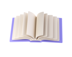 3d icon open book school, diary with white paper blank pages and bookmark. Cartoon minimal style isolated transparent png