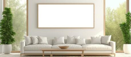 a living room with a mock up poster frame showcasing a beautiful interior design photo