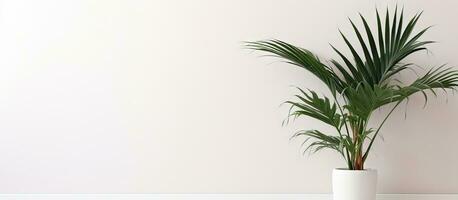 Minimal tropical houseplant home decor Kentia or Areca palm against white wall Palm tree in pot isolated on white background Home gardening love of houseplants photo