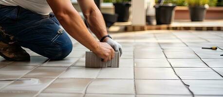 Installing porcelain tiles on the balcony floor as part of an interior remodeling project photo