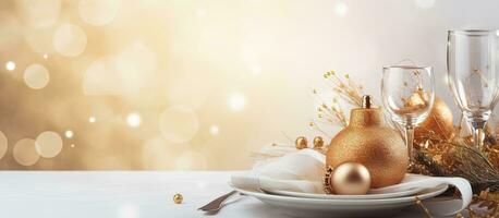 Classy holiday table decor on pale backdrop photo