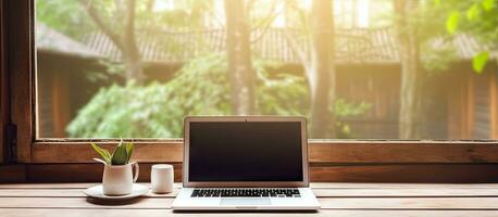 White laptop with blank screen placed on glass table near window and wooden chair Organized workspace idea photo