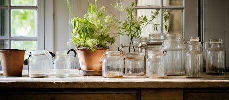 Swedish kitchen housing pitchers and glass jars photo