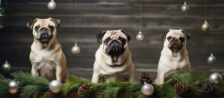 Pets in holiday decorations with beagle pugs and Christmas tree photo