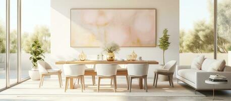Dining table chairs in bright open space with sofa and gold painting on wall photo