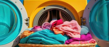 Washing machine filled with colorful towels and laundry door open photo