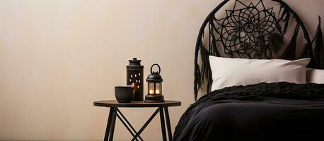 Black lace dream catcher white nightstand candlestick and teapot and cups on door background Copy space for text photo