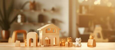 Rendering wooden figure toys and home environment for remote work content photo