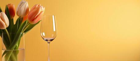 A sophisticated party setup with white wine tulip flowers and an elegant composition on an orange background photo