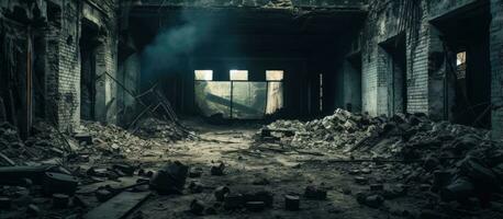 The military headquarters left in ruins with an abandoned interior photo