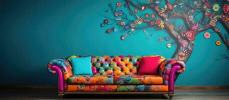 Colorful wallpaper in a living room contains a sofa photo