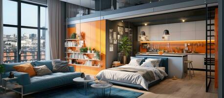 Modern two story apartment with spacious windows stylish living area and kitchen in vibrant hues separated by a glass partition Bedroom located on the upper level photo