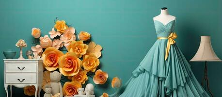 Love themed decorations accessorized with stylish items and a mannequin wearing a dress situated near a colorful wall photo