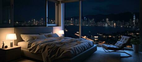 Elegantly comfortable bedroom with a nighttime view photo