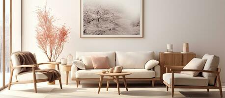 Cozy living room with poster frame coffee table sofa armchair rack magnolia vase plaid and personal accessories Home decor photo