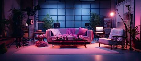 Nighttime studio with cozy style and RGB lighting creates a warm romantic atmosphere and includes work ready equipment photo