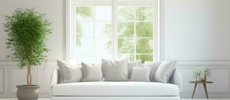 Stylish white room mock up with green landscape through window showcasing Scandinavian interior design photo