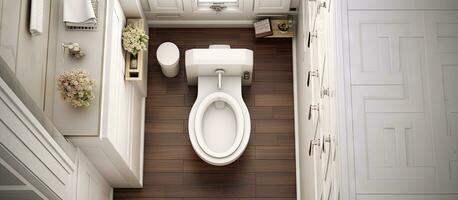 Top view a traditional modern American style toilet interior in a white color scheme located inside a private cottage photo