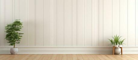 empty living room with vintage oak floor and striped vinyl wallpaper photo