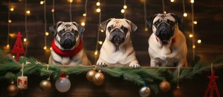 Pets in holiday decorations with beagle pugs and Christmas tree photo