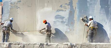 Construction workers using cement plaster to plaster a building wall photo