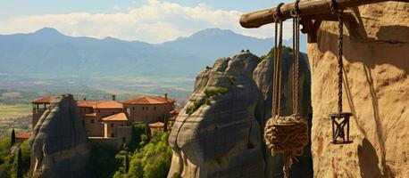 Ancient pulley system at Meteora monastery in Greece photo