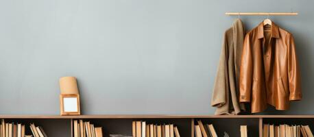 A defocused background with a brown coat and books hanging is part of a simple wardrobe photo